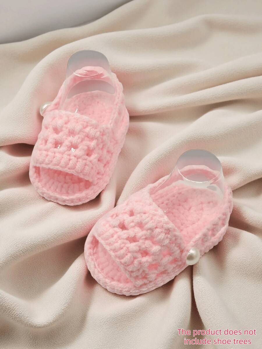 1 Pasang Sandal Bayi Rajutan Tangan, Putih, Ujung Terbuka dengan Desain Tali, Cocok untuk Bayi Baru Lahir - Baby Pink - View 1