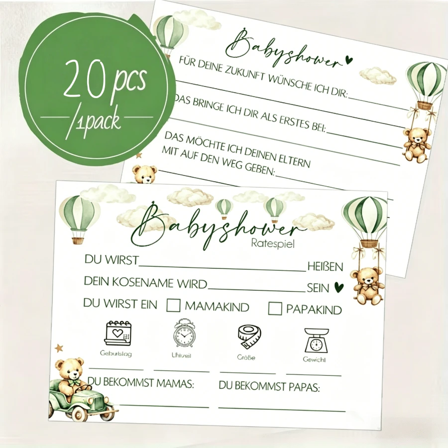 20pcs German Baby Shower Prediction Cards Set, Blue Hot Air Balloon Star Cloud Pattern, Babyshower Ratespiel, Baby Shower Guessing Blessing Paper Cards, Baby Shower Party Supplies - 1 - View 1