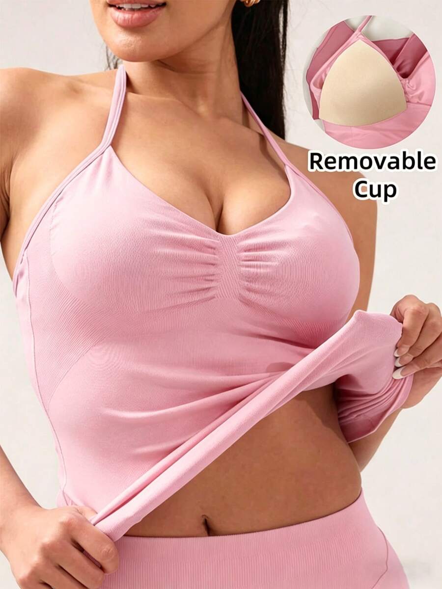 Áo tập yoga thể thao không tay dáng ngắn cho nữ, áo tank top co giãn tập luyện, màu hồng thoáng khí, kiểu dáng thường ngày mùa hè. - Hồng - Xem 1