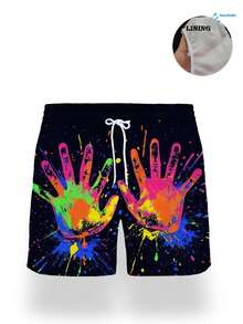 Men's Summer Casual Vacation Drawstring Elastic Waist Mesh Lining Shorts, Graffiti Hand Print Artistic 3D Pattern Fashion Beach Swim Trunks - Black - View 3