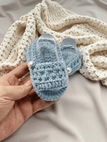 1 Pair Handmade Crochet Infant Sandals, White, Open Toe With Strap Design, Suitable For Newborns - Baby Blue - View 2