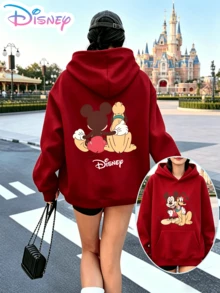 Authentic Disney Y2K Style Printed Sweatshirt, Sweet And Cool Minnie Mouse Bow Pattern Top, Loose And Relaxed Fit, Perfect For Holiday Gifting. (Women's Autumn/Winter Clothing/Elegant Women's Outfits/Patterned Hoodies/Printed Tops/Casual Outfits For Women/Women Trending Now/Holiday Co-Ord/Plus Size Friendly) - 紅色 - 查看 1