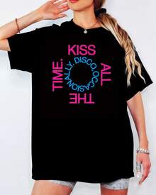 Retro Disco T-Shirt, "Kiss All The Time Disco Occasionally" Neon Text Print, Unisex Casual Party Top - Black - View 1