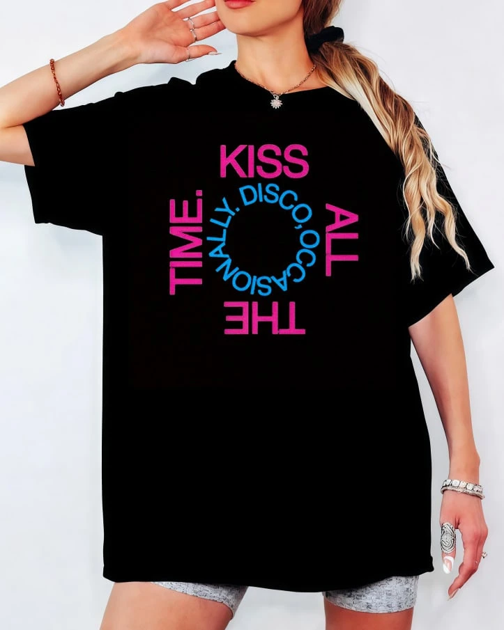 Retro Disco T-Shirt, "Kiss All The Time Disco Occasionally" Neon Text Print, Unisex Casual Party Top - Black - View 1
