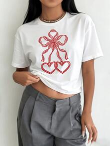 Charming Heart-Shaped Pattern Printed T-Shirt| Summer And Spring Women's Casual Short-Sleeved Round-Neck Tops, Simple And Stylish-Koszulki - White - View 1