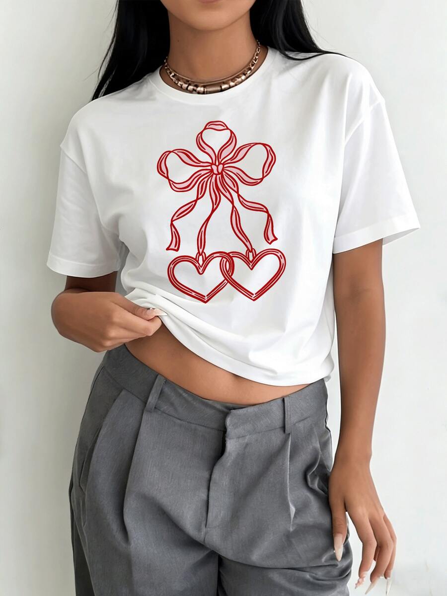 Charming Heart-Shaped Pattern Printed T-Shirt| Summer And Spring Women's Casual Short-Sleeved Round-Neck Tops, Simple And Stylish-Koszulki - White - View 1