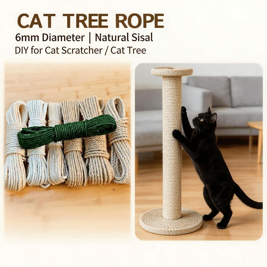 Dây thừng sisal tự nhiên 100%, kích thước 0.4*1000cm, siêu bền, chống trầy xước, sử dụng được lâu hơn dây gai dầu thông thường, lý tưởng cho việc tự làm trụ cào móng và khung leo trèo cho mèo. - 1 bó dây thay thế nhiều màu, đường kính 4mm, dài 10m - Xem 1