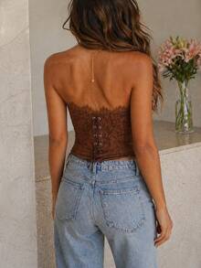 Women's Lace Corset Strapless Top, Various Colors: Nude, Black, White, Brown, Sexy And Elegant Shaping - màu nâu - Xem 4