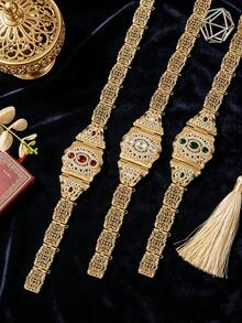 1 pieza Cinturón de cintura nupcial, accesorio de boda que combina el tallado en metal y la artesanía de incrustación, regalo de fiesta árabe para la novia, decoración de cintura - Dorado - Ver 5