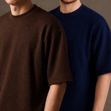Set Of 2 Men's Oversized Waffle Premium Textured T-Shirts - Navy Blue/Brown - View 1