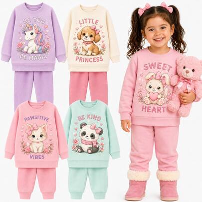 Conjunto de Moletom de Gola Redonda e Calça de Moletom flanelada Quentinha Casual com Estampa Fofas para Meninas, Moda Americana para Outono/Inverno, Moda Casual e Fashionista de inverno Menina Infantil