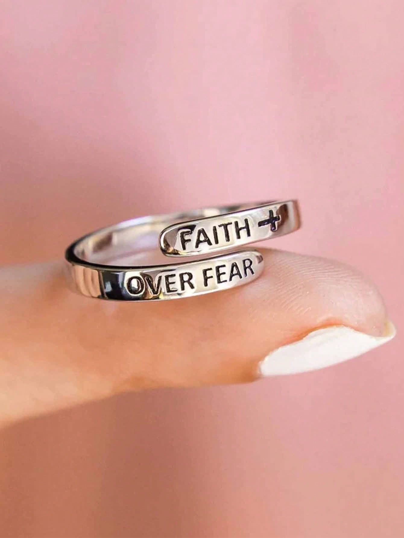 1 pieza Anillo ajustable con diseño de cruz y letra de Jesús de moda para hombres y mujeres - Plateado - Ver 1