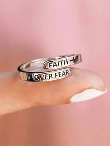 1 pieza Anillo ajustable con diseño de cruz y letra de Jesús de moda para hombres y mujeres - Plateado - Ver 6