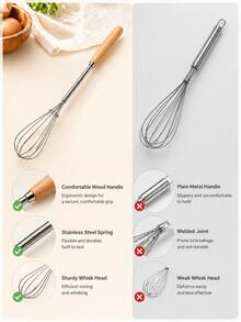 2pcs Stainless Steel Kitchen Egg Beater And Cream Whisk With Wooden Handle, 20.07cm Length - View 3