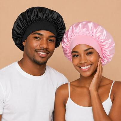 1/2Pcs Silk Bonnet For Sleeping, Satin Hair Bonnets, Soft Elastic Band Silk Sleep Cap, Silk Hair Wrap For Curly Hair (Black&Pink) Bonnet En Satin-Bonnet-Bonnet Satin