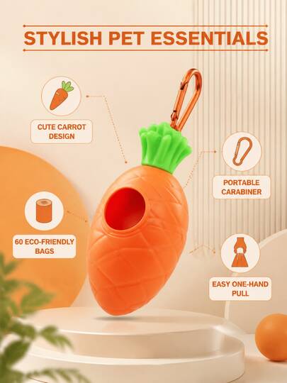 60 Rolls Carrot Shaped Pet Waste Bag Dispenser Set, With Hooks, Portable Thick Leak-Proof Dog Cat Poop Bags, Outdoor Walking Cleaning Tool, Easy Tear Carry Pouch