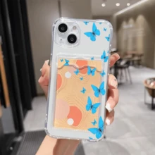 1 unidad Patrón mariposas azules volando fondo Funda para GALAXY S25 EDGE, protección anticaída con airbag reforzado en las cuatro esquinas, tarjetero invisible integrado en la parte trasera, compatible para tarjeta personal, carnet de conducir, tarjeta de acceso y tarjeta de transporte, funda protectora antigolpes portátil con ranura para tarjetas, diseño sencillo y elegante, ideal para uso diario, desplazamientos y viajes - transparente - Ver 2