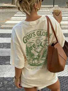 Camiseta Holgada de Fe Cristiana para Mujer, Cuello Redondo Cómodo con Estampado de Ciervo y la Frase "Gloria de Dios" y el Salmo 42:1, Estilo Casual - Albaricoque - Ver 6