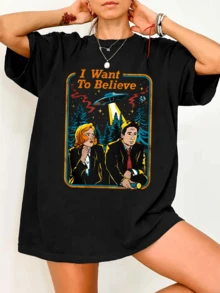 The XX Files "I Want To Believe" Mulder & Scully Vintage UFO T-Shirt Retro TV Show Graphic Tee - Black - View 1