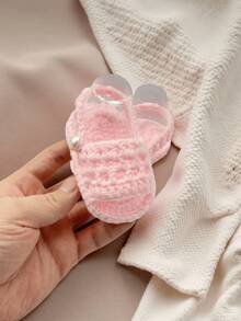 1 Pasang Sandal Bayi Rajutan Tangan, Putih, Ujung Terbuka dengan Desain Tali, Cocok untuk Bayi Baru Lahir - Baby Pink - View 2
