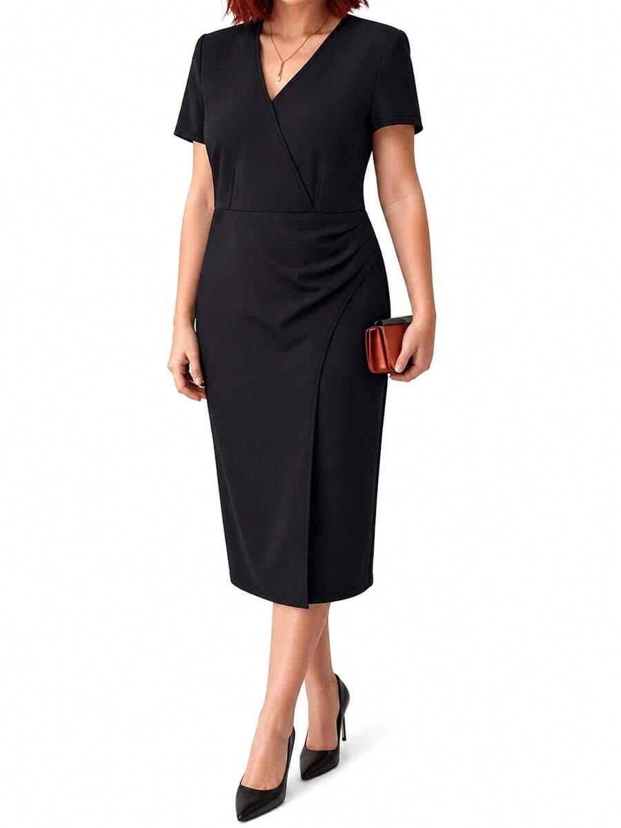 Plus Size Women's Solid Color Short Sleeve Dress Elegant Casual Summer Loose Fit Midi Dress - Black - View 1