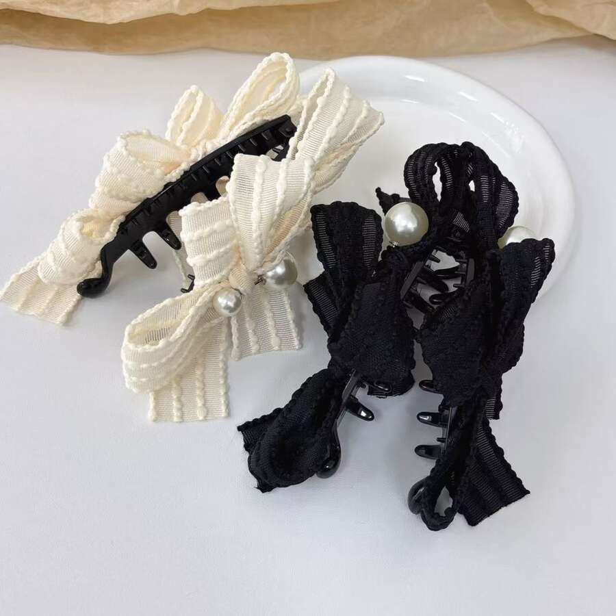 1 chiếc kẹp tóc hình quả chuối đính nơ ngọc trai bằng polyester, kiểu dáng nhẹ nhàng, cổ điển tối giản, phù hợp cho mọi mùa. - Nhiều màu - Xem 1