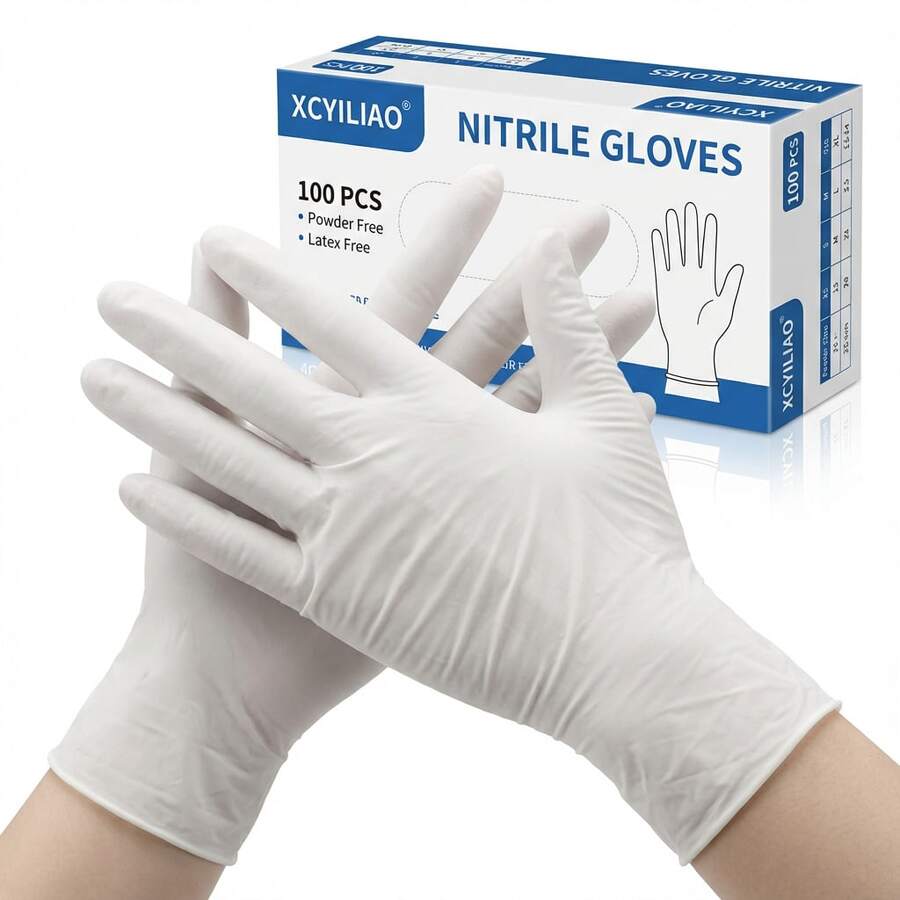 100Pcs White Disposable Nitrile Gloves, Latex Free, Waterproof, Household Cleaning, Kitchen Cooking, Nail Art,Tattoo, Automotive Repair, S/M/L