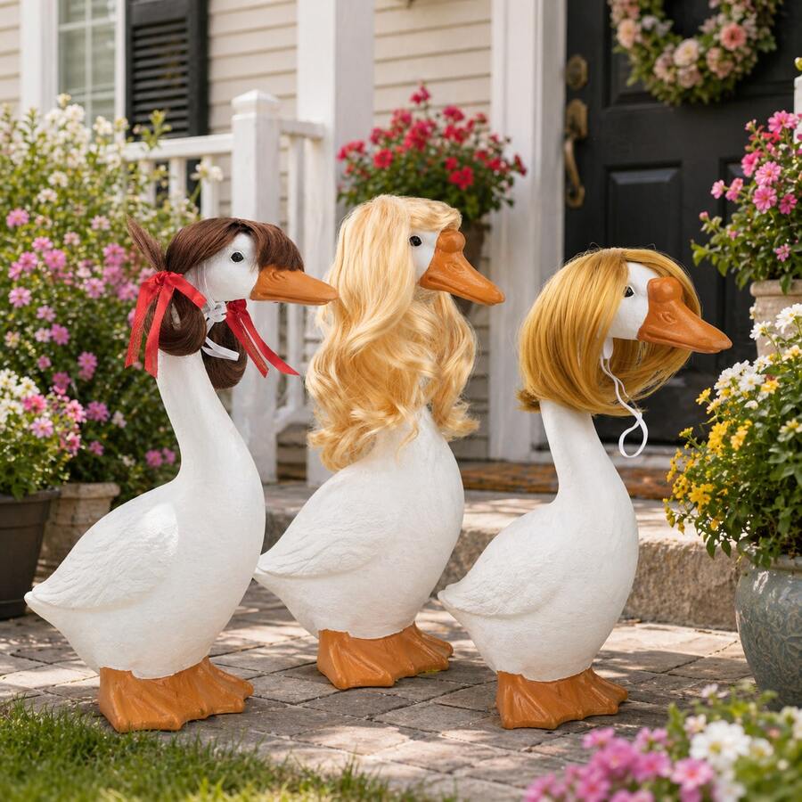 3 Pcs Porch Goose Wigs For 17" And 23" Goose Statue - Cute Goose Outfits For Outdoor Garden - Braid Bow Wavy Wig Decor For Lawn Yard - C - Visa 1