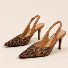 Women Slingback Pumps Pointed Toe Snakeskin Buckle Strap Elegant Heels - Brown - View 1