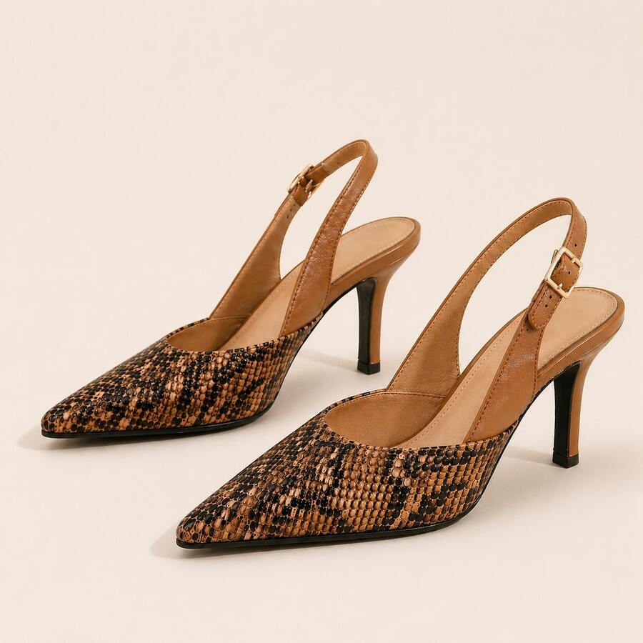 Women Slingback Pumps Pointed Toe Snakeskin Buckle Strap Elegant Heels - Brown - View 1