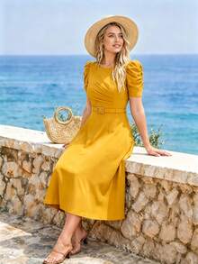 Plus Size Round Neck Short Puff Sleeve Midi Dress With Belt, Casual Solid Swing Dress For Women, Perfect For Beach Holiday & Daily Wear - Yellow - View 3