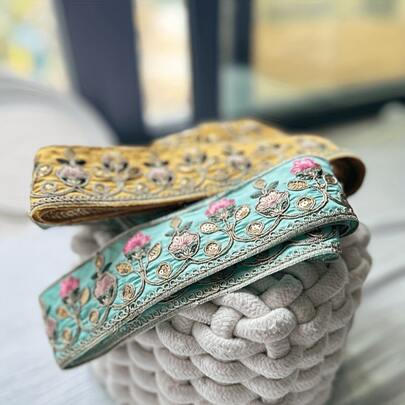 6 pieds Bordure de fleur de lotus chinoise extra longue brodée à la main - fil de couleur turquoise et or, décoration de gland détaillée, bordure de robe de mariée chinoise traditionnelle, applique de tissu à coudre pour vêtements, vestes, robes
