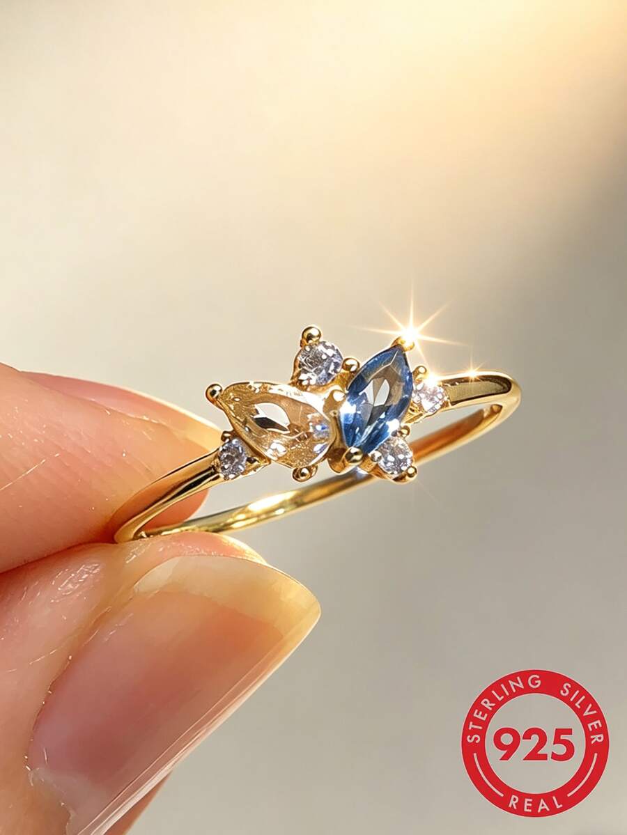 1pc S925 Sterling Silver Multicolor Synthetic Zirconia Stone Women's Ring, Elegant & Classy Jewelry For Daily Wear, Party & Gathering - Yellow Gold - View 1