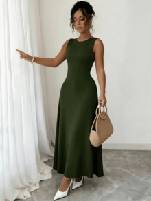 Women's Stunning Long Party Dress, Round Neck Ball Gown, Wedding Dress, Party Dress, Wedding Guest Dress, No Ironing Required, Sizes S M L - 軍綠色 - 查看 3