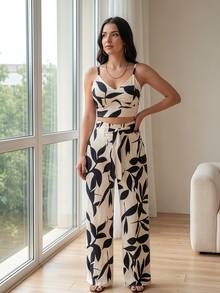Spaghetti Strap 2-Piece Set For Women, Sexy Casual Smocked Crop Top & Belted Wide Leg Pants, Summer Beach Outfit,Women's Sexy 2-Piece Set, Spaghetti Strap Crop Top & High Waist Wide Leg Pants, Summer Vacation & Resort Outfit - 黑與白 - 查看 4