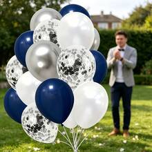 33pcs Navy Blue, White And Silver Colorful Balloon Set Includes Silver Foil Confetti/Suitable For Wedding, Birthday, Anniversary, Graduation And Holiday Elegant Decoration - Multi-Purpose Indoor/Outdoor Party Decor, Celebration Accessories | Multiple Colors | Latex Balloons, Birthday Party Decoration - Set - View 5
