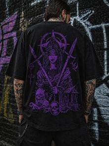 Men Streetwear T-Shirt Dark Gothic Horror Punk Graphic Tee, Urban Street Style, Edgy Short Sleeve Top - Black - View 1