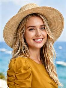 Plus Size Round Neck Short Puff Sleeve Midi Dress With Belt, Casual Solid Swing Dress For Women, Perfect For Beach Holiday & Daily Wear - Yellow - View 5