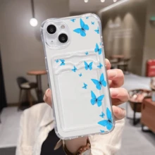 1 unidad Patrón mariposas azules volando fondo Funda para GALAXY S25 EDGE, protección anticaída con airbag reforzado en las cuatro esquinas, tarjetero invisible integrado en la parte trasera, compatible para tarjeta personal, carnet de conducir, tarjeta de acceso y tarjeta de transporte, funda protectora antigolpes portátil con ranura para tarjetas, diseño sencillo y elegante, ideal para uso diario, desplazamientos y viajes - transparente - Ver 1