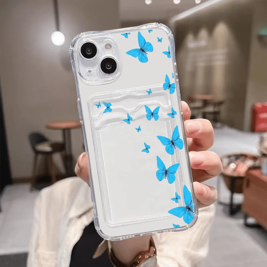 1 unidad Patrón mariposas azules volando fondo Funda para GALAXY S25 EDGE, protección anticaída con airbag reforzado en las cuatro esquinas, tarjetero invisible integrado en la parte trasera, compatible para tarjeta personal, carnet de conducir, tarjeta de acceso y tarjeta de transporte, funda protectora antigolpes portátil con ranura para tarjetas, diseño sencillo y elegante, ideal para uso diario, desplazamientos y viajes - transparente - Ver 1