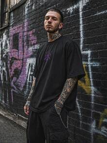 Men Streetwear T-Shirt Dark Gothic Horror Punk Graphic Tee, Urban Street Style, Edgy Short Sleeve Top - Black - View 6