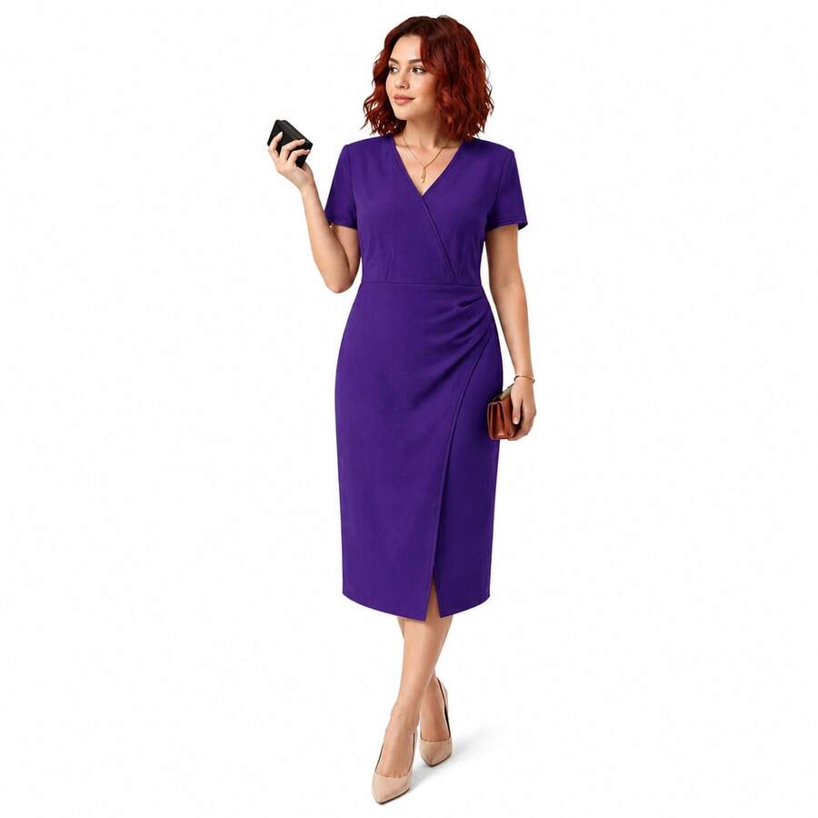 Plus Size Women's Solid Color Short Sleeve Dress Elegant Casual Summer Loose Fit Midi Dress - Purple - View 1