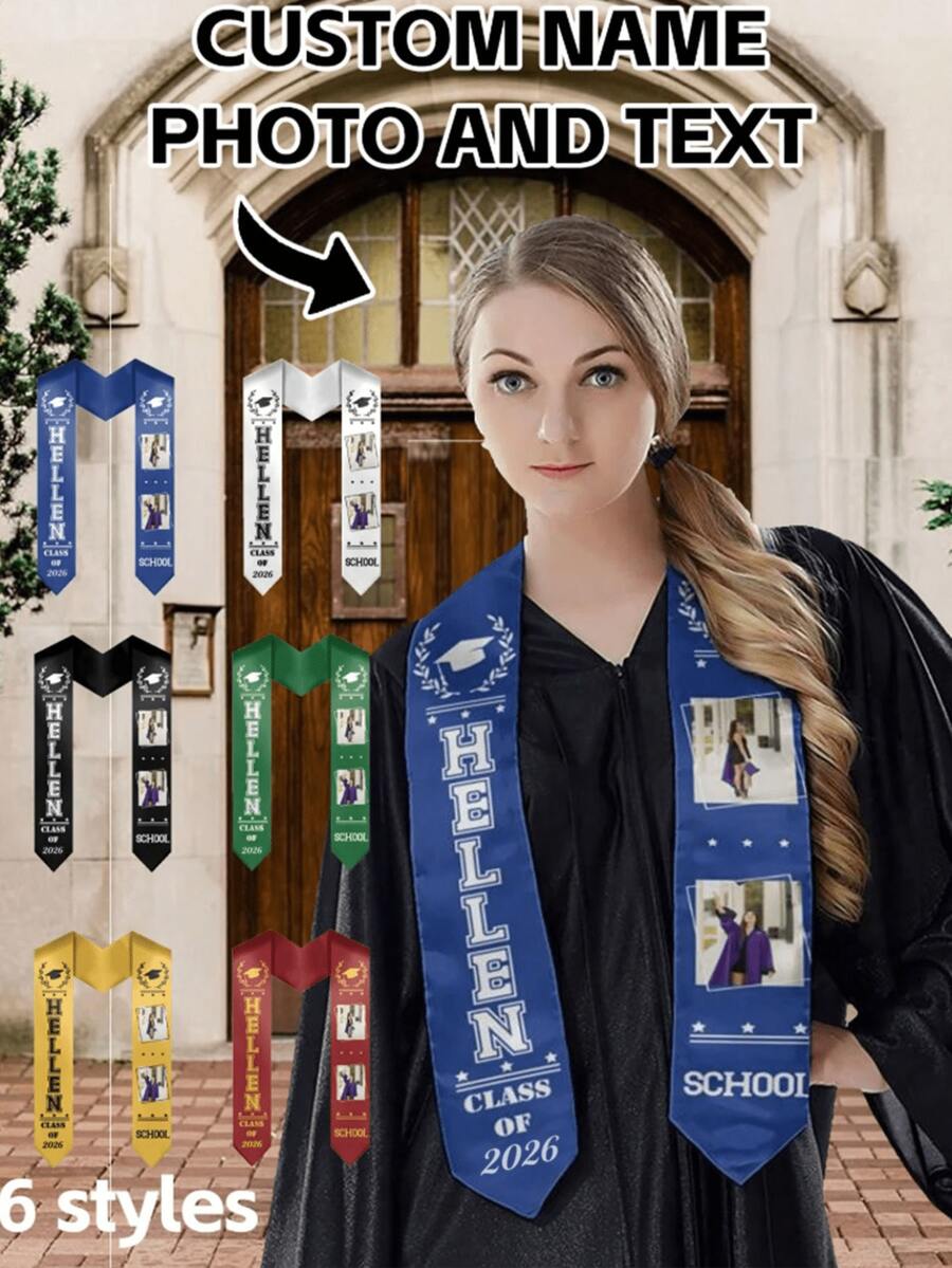 1 pieza Faja de graduación personalizada, bufanda de graduación personalizada hecha de cinta personalizada, diseño personalizado para toga de graduación 2026 - Texto, fotos y nombre personalizables en la cinta, faja de honor de graduación 2026, capa de graduación elegante, material de fibra de poliéster ligero, personalizable según su preferencia de atuendo de graduación, regalo personalizado, graduación, regalo de graduación, decoración de graduación, artículo personalizable, recuerdo de fiesta, esencial para la decoración de la fiesta de graduación. - Multicolor - Ver 1