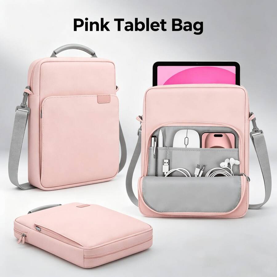 11/13 Inch Universal Tablet Protective Sleeve - With Handle And Detachable Shoulder Strap, Handheld And Crossbody Dual-Use, Suitable For New Pro M4/ Air M2, 10 (10.9 Inch), 9/8/7 (10.2 Inch), Air 5/4, Galaxy, Kindle And Android Tablets, Electronic Product Storage Bag For Travel, Office And Study - Pink - View 1