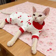 樱桃胡萝卜小猫四脚睡衣，高领无毛猫服装，保暖宠物服，INS风卡通印花，可爱高领弹力宠物服装 - 紅色 - 查看 7