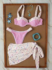 New Arrival Spring/Summer Women Elegant Casual Sexy Pink & White Patchwork Floral Plaid Bikini Set Set With Cover-Up & Skirt, Suitable For Beach, Vacation, Party, Date - Multicolor - View 3