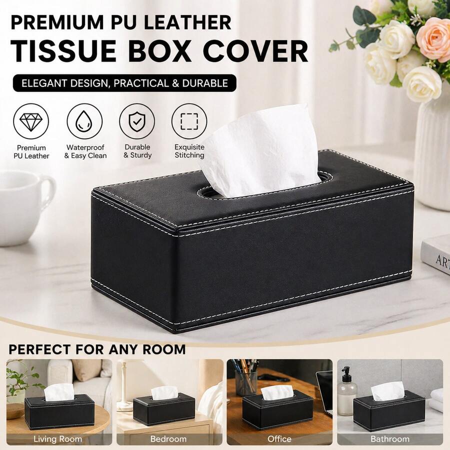 Black Marble Texture PU Leather Tissue Box, White Stitching Rectangular Tissue Dispenser, Modern Bathroom Storage Decor, Car/Office Desk Tissue Box Set, Luxury Faux Leather Napkin Holder - Black and White - View 1