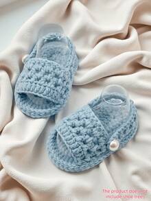 1 Pair Handmade Crochet Infant Sandals, White, Open Toe With Strap Design, Suitable For Newborns - Baby Blue - View 7