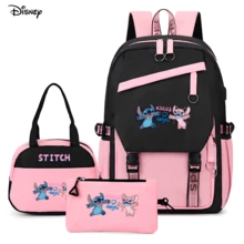 Miniso Bộ 3 món ba lô Disney Stitch và Thiên thần, dung tích lớn, kiểu dáng thường ngày, kèm túi giữ nhiệt và túi đựng đồ, màu hồng đen. - màu 1 - Xem 2