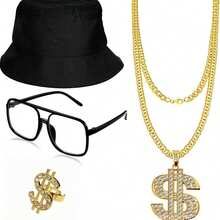 Hip Hop Street Fashion Accessories Set - Gold Baseball Cap, Dollar Necklace, Punk Sunglasses And Ring, Complete Hip Hop Stylish Combo, Carnival Party Hip Hop Cool Punk Alloy Dollar Chain Necklace, Glasses And Ring Set, Essential For Halloween - Multicolor - View 6